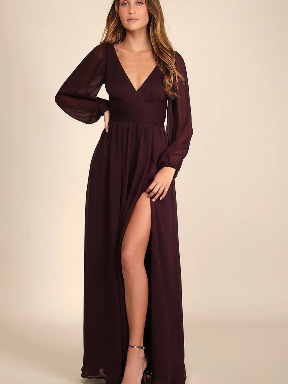 Lulu’s Long Sleeve V-Neck Burgundy Maxi Dress